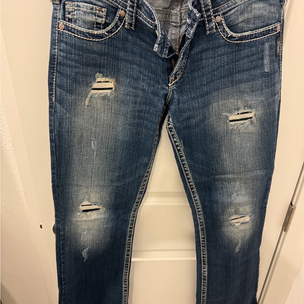 Silver Jeans Distressed Straight Leg Jeans - Blue